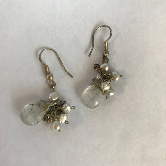 Silver, Pearl and Tourmalated Quartz Dangle Earrings - Picture 5 of 7